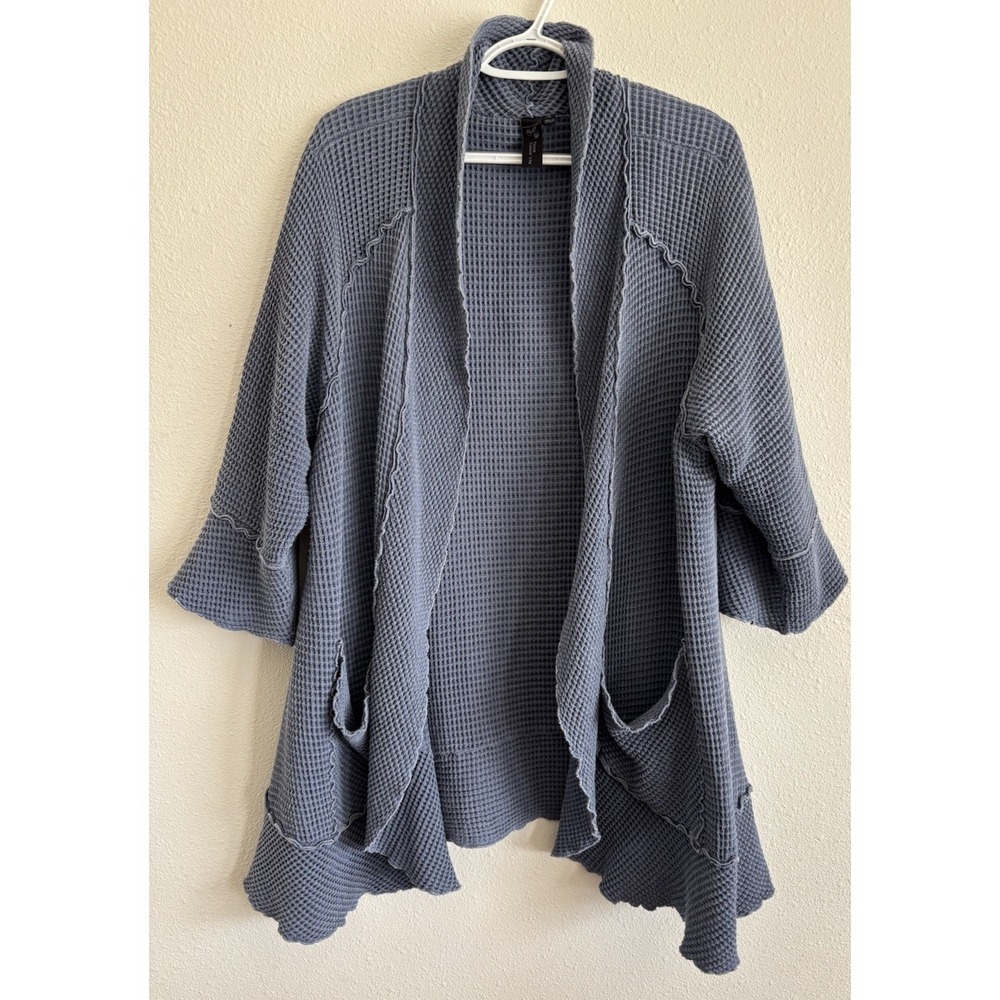 Focus Casual Life Fresh Funk Waffle Knit Open Front Cardigan Blue Gray M